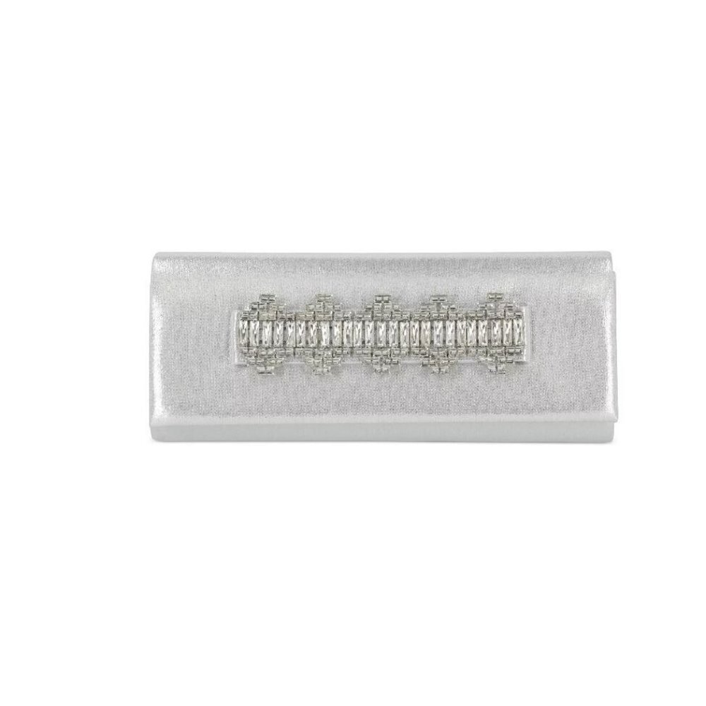 INC Ribbon crystal embellished women's clutch evening bag- METALLIC SILVER
